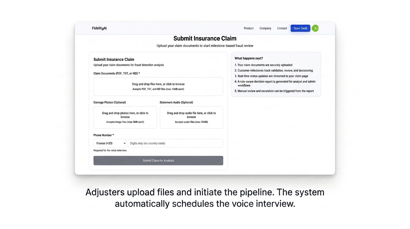 FidelityAI claim intake form where adjusters upload evidence and start the pipeline